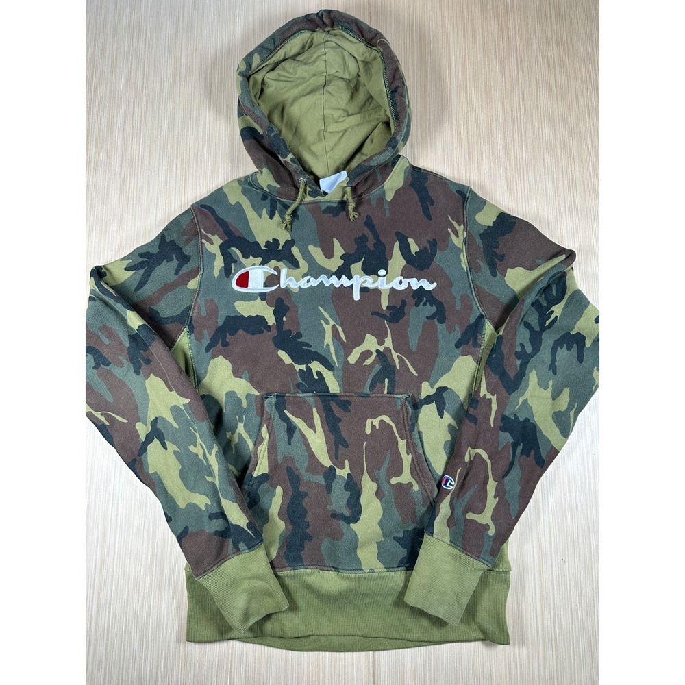 Vintage Champion Reverse Weave Hoodie Men Medium Multicolor Camouflage Spell Out
